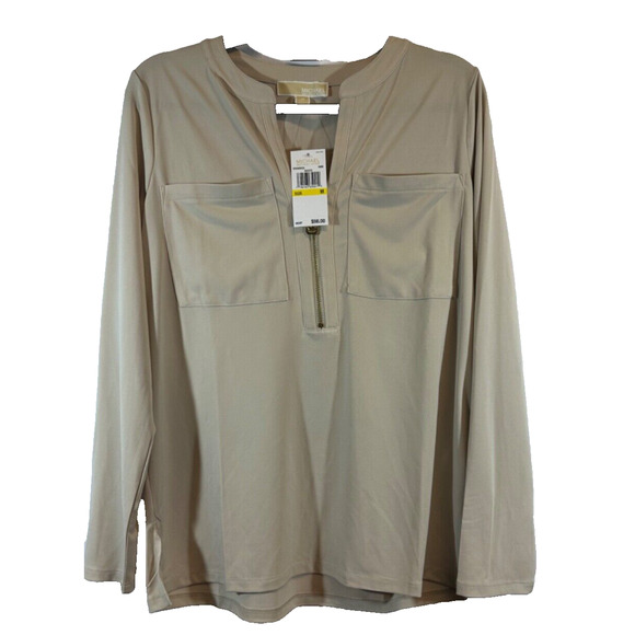 NEW MICHAEL KORS M Long Sleeve V-Neck Half Zip Front Pockets Blouse Stretch D23 - Picture 1 of 6